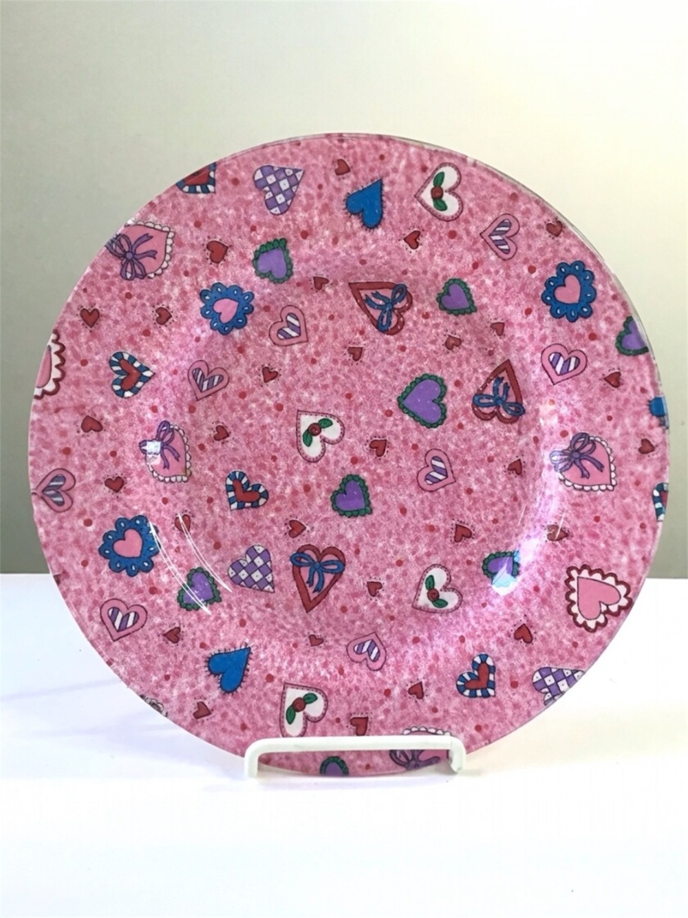 Pink Hearts Patterned Decorative Plate 9-3/4” Fabric-Backed Glass Dish Valentine